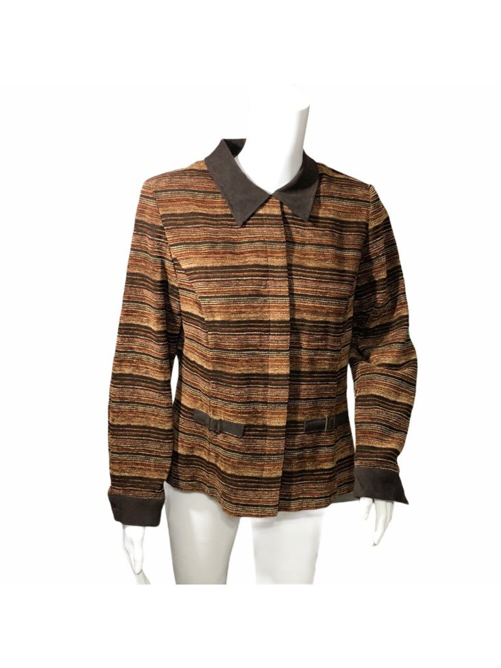 R & K Original Blazer Womens 10P Button Down Jacket Brown Tan Red Striped Career